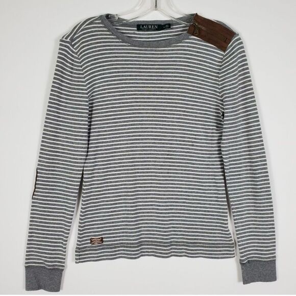 Lauren Ralph Lauren Top Faux Suede Zipper Shoulder Elbow Patch Gray & Ivory - Picture 1 of 9